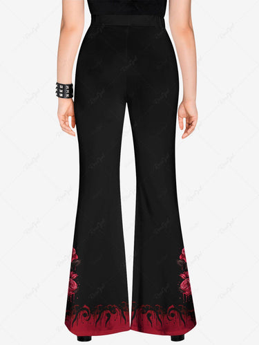 Gothic Plus Size Bloody Skull Rose Flower Leaf Ink Painting Print Valentines Pull On Flare Pants