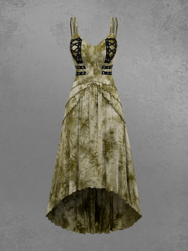 Gothic Plus Size Lace Up D-Ring Grommet Layered Ruffles Tie Dye High Low Backless Asymmetric A Line Cami Dress(3 Days Delivery)