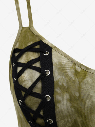 Gothic Plus Size Lace Up D-Ring Grommet Layered Ruffles Tie Dye High Low Backless Asymmetric A Line Cami Dress(3 Days Delivery)