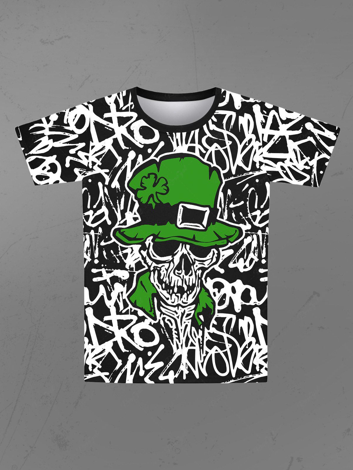 Gothic Messed Letters Lucky Four Leaf Clover Hat Skull Print T-shirt For Men