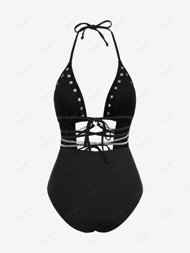 Gothic Plus Size O-Ring Chain Strappy Grommet Ruched Hollow Out Solid Backless Halter Swimsuit