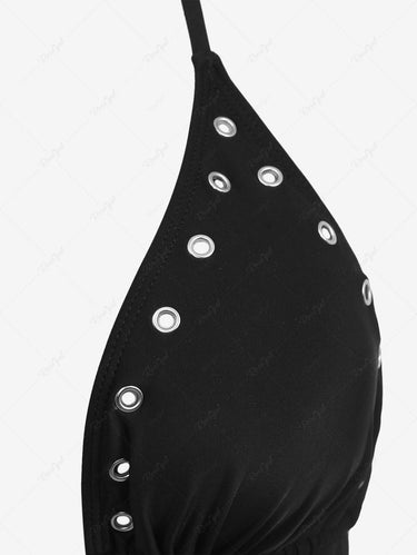 Gothic Plus Size O-Ring Chain Strappy Grommet Ruched Hollow Out Solid Backless Halter Swimsuit