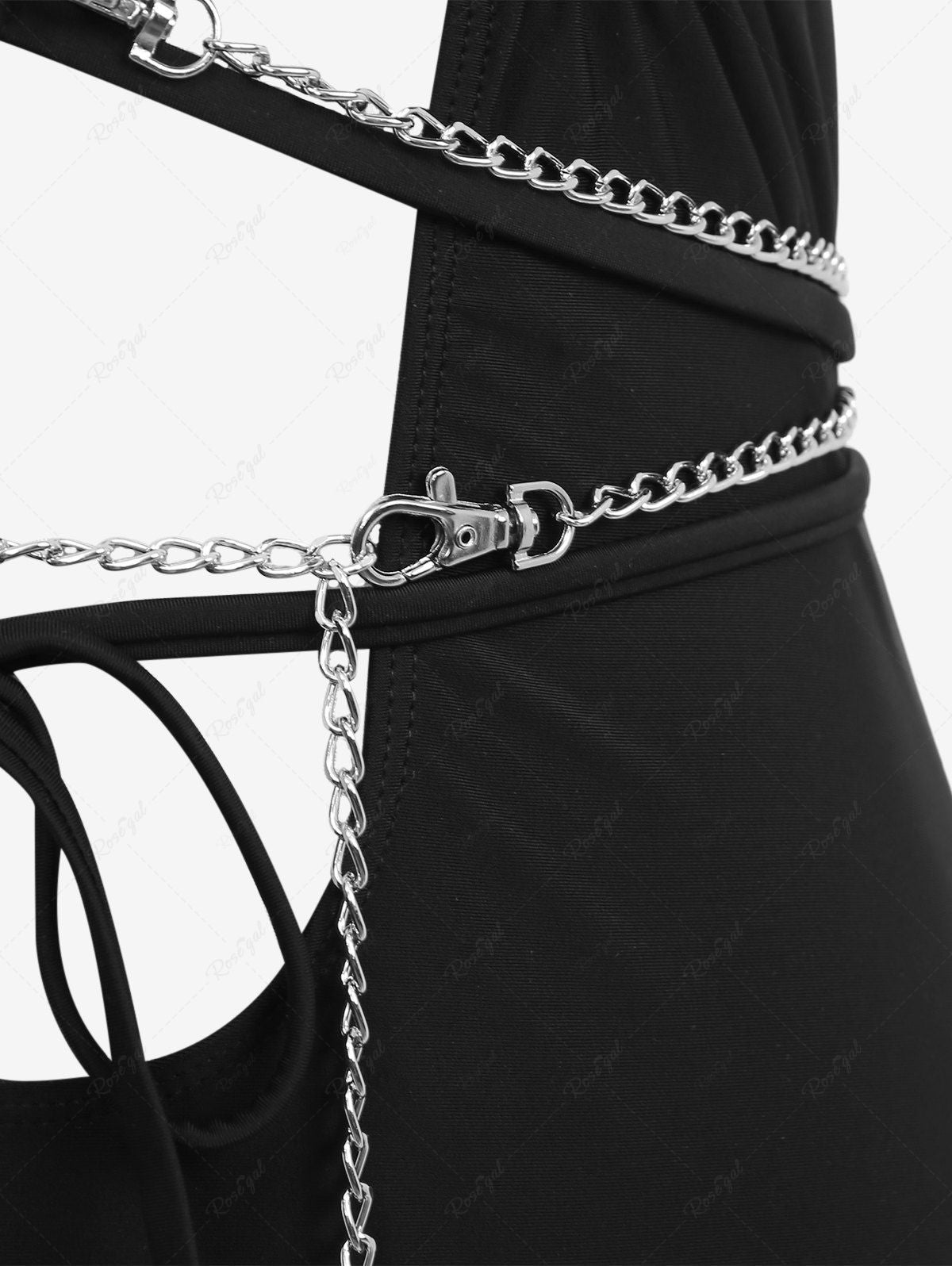Gothic O-Ring Chain Strappy Grommet Ruched Hollow Out Solid Backless Halter Swimsuit