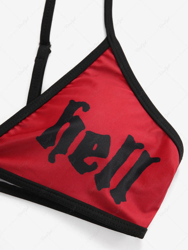 Gothic Plus Size Letters Bunny Girl Fire Flame Print Bikini Set (Adjustable Shoulder Strap)