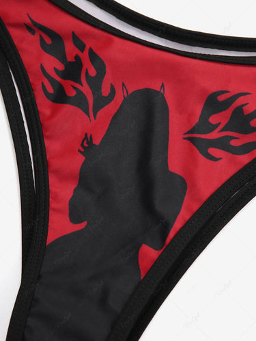 Gothic Plus Size Letters Bunny Girl Fire Flame Print Bikini Set (Adjustable Shoulder Strap)