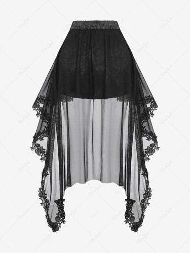 Gothic Plus Size Floral Applique Mesh Lace Overlay Jacquard Layered Ruffles Asymmetric A Line Skirt