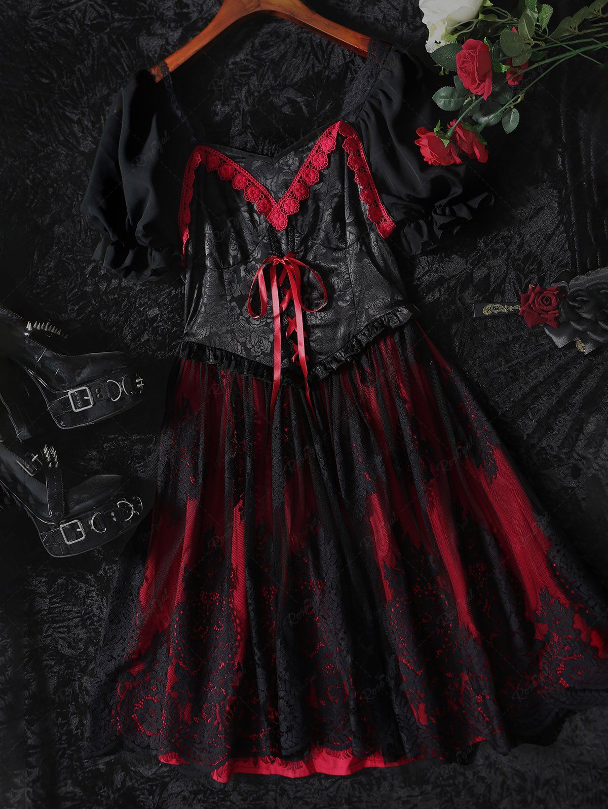 red dress black lace Gothic Plus Size Puff Sleeves Lace-up Layered Floral Lace Peplum Hem P – Rgothic