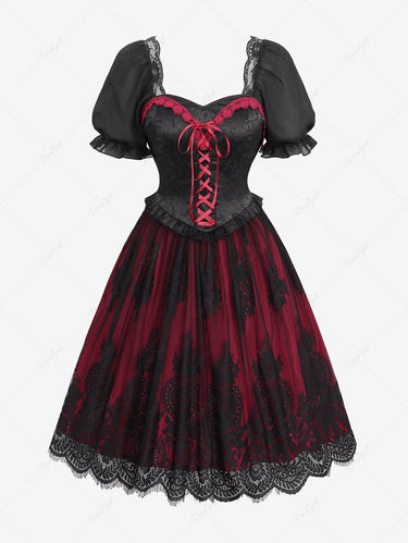Gothic Plus Size Puff Sleeves Lace-up Layered Floral Lace Peplum Hem Patchwork Corset A Line Dress