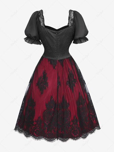 Gothic Plus Size Puff Sleeves Lace-up Layered Floral Lace Peplum Hem Patchwork Corset A Line Dress
