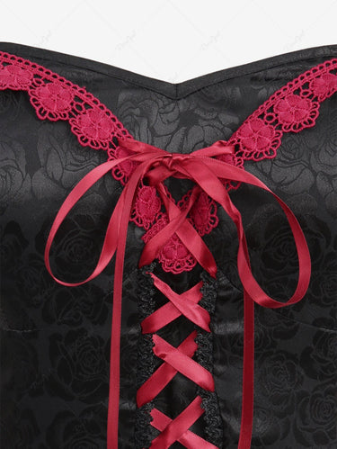 Gothic Plus Size Puff Sleeves Lace-up Layered Floral Lace Peplum Hem Patchwork Corset A Line Dress