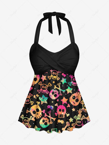 Gothic Plus Size Halter Twist Skulls Skeleton Star Print Cinched Boyleg Tankini Swimsuit