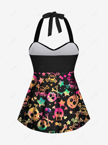 Gothic Plus Size Halter Twist Skulls Skeleton Star Print Cinched Boyleg Tankini Swimsuit
