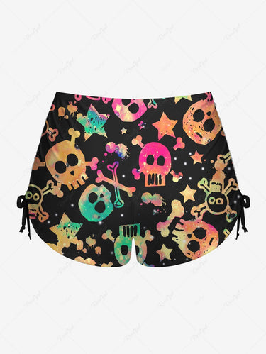 Gothic Plus Size Halter Twist Skulls Skeleton Star Print Cinched Boyleg Tankini Swimsuit