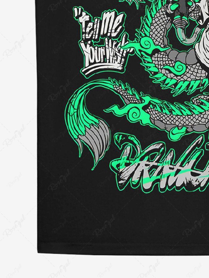 Gothic Dragon Hat Skull Letter Chinese Character Print T-shirt For Men