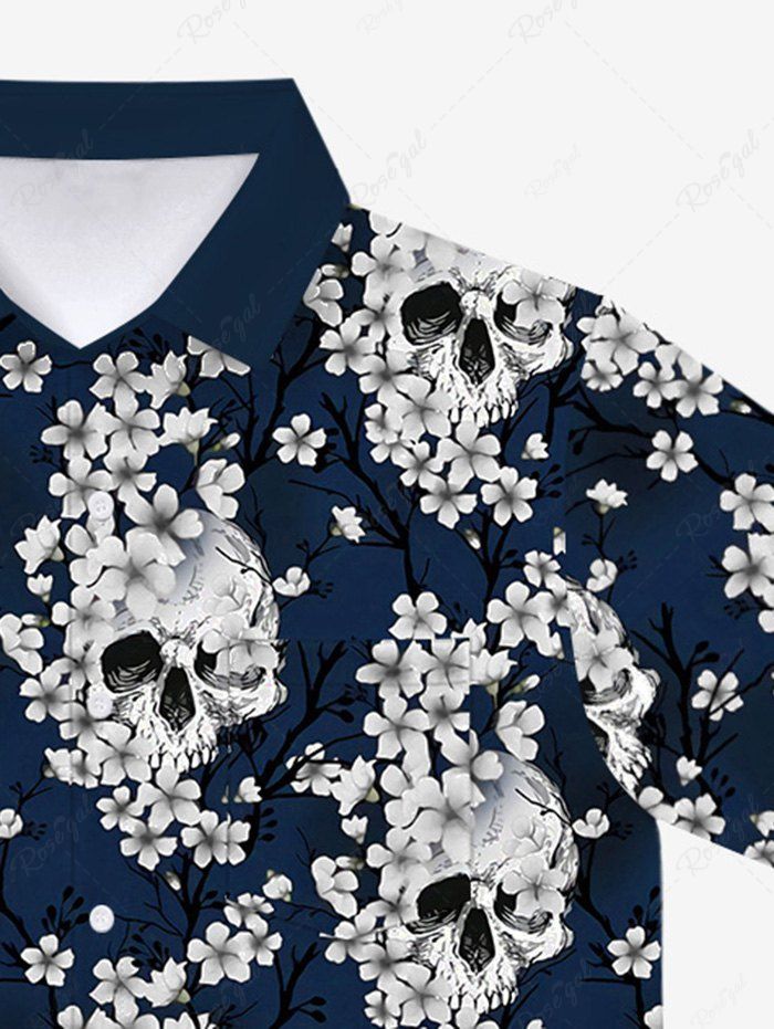 Gothic Turn-down Collar Skulls Flower Branch Print Buttons Shirt For Men