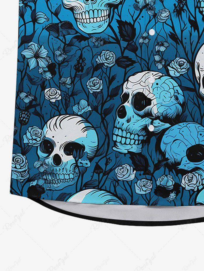 Gothic Turn-down Collar Skull Rose Flower Branch Colorblock Print Buttons Shirt For Men