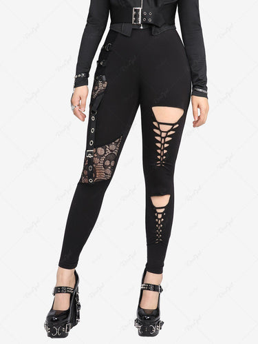 Gothic Plus Size Skulls Mesh PU Strap Buckle Grommet Cutout Skinny Pants