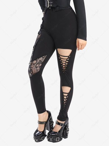 Gothic Plus Size Skulls Mesh PU Strap Buckle Grommet Cutout Skinny Pants