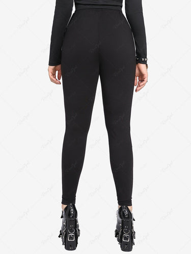 Gothic Plus Size Skulls Mesh PU Strap Buckle Grommet Cutout Skinny Pants