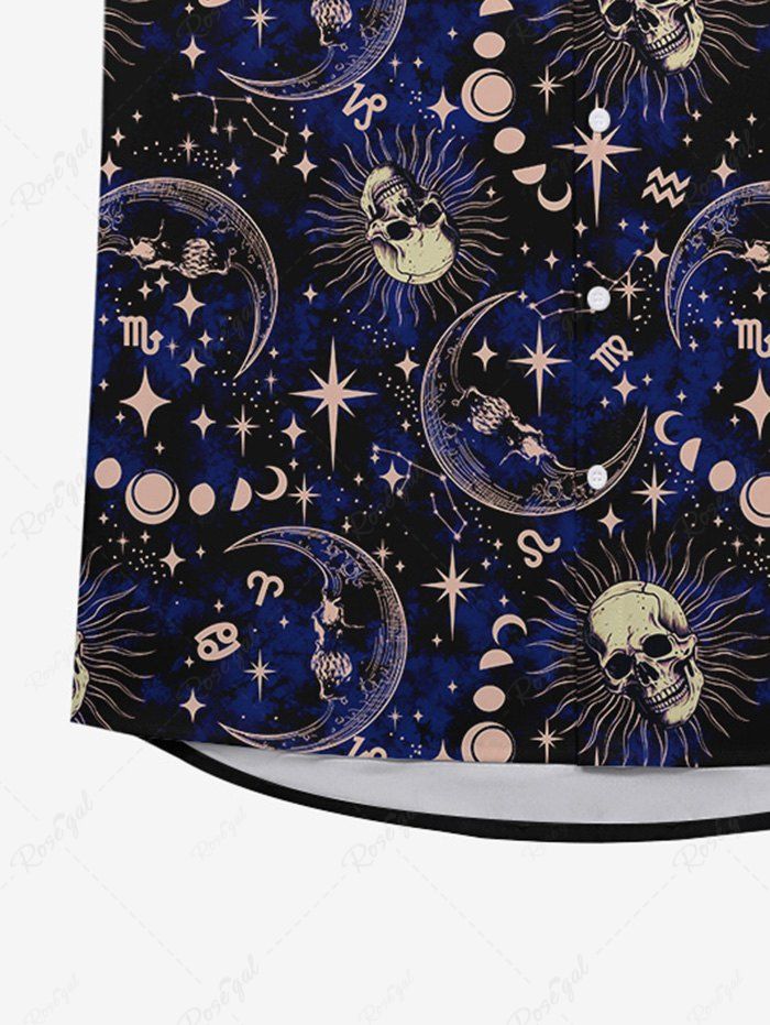 Gothic Galaxy Skull Sun Moon Star Print Button Down Shirt For Men
