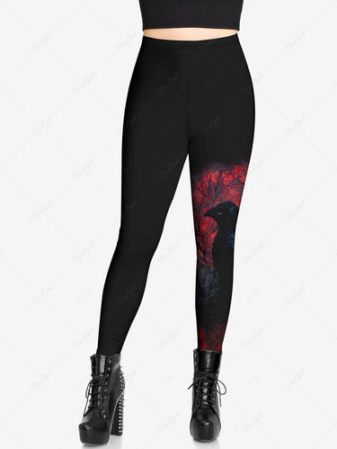 Gothic Plus Size Crow Trees Fire Print Leggings