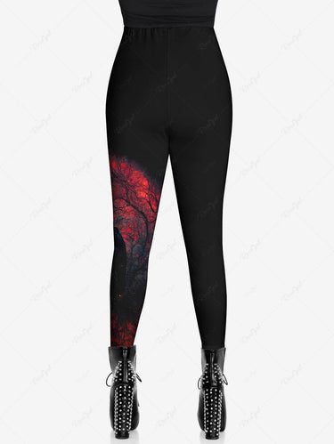 Gothic Plus Size Crow Trees Fire Print Leggings