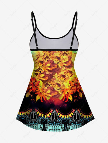 Gothic Plus Size Colorful Skull Sunflower Print Backless Tankini Top(Adjustable Shoulder Strap)