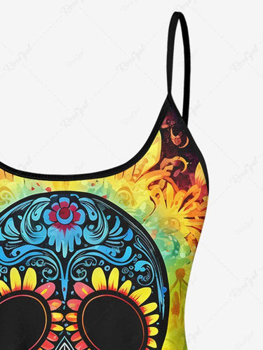 Gothic Plus Size Colorful Skull Sunflower Print Backless Tankini Top(Adjustable Shoulder Strap)