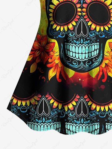 Gothic Plus Size Colorful Skull Sunflower Print Backless Tankini Top(Adjustable Shoulder Strap)