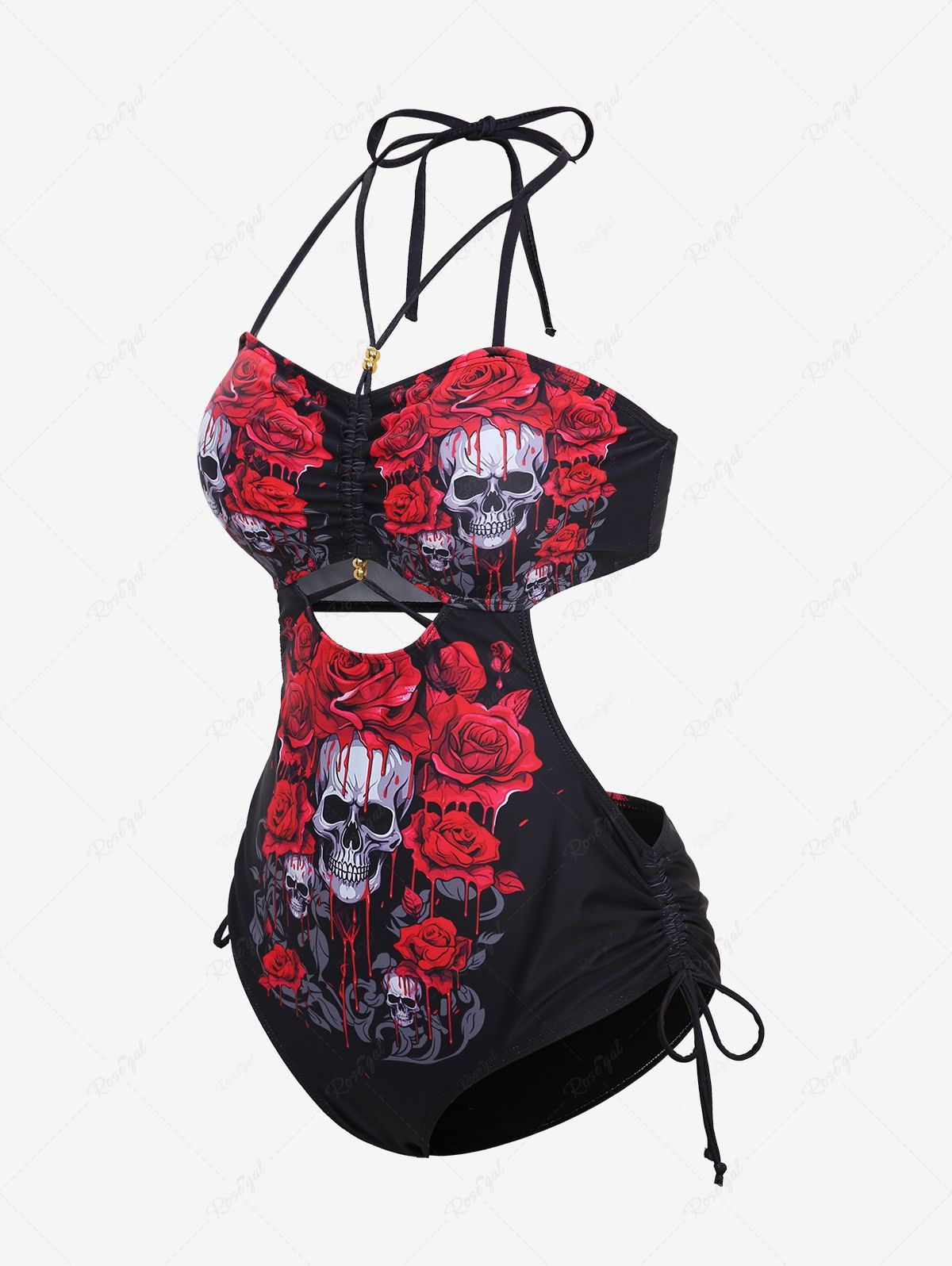 Gothic Bloody Rose Flower Skulls Printed Ruched Cinched Hollow Out Halter Backless Strappy Swimsuit