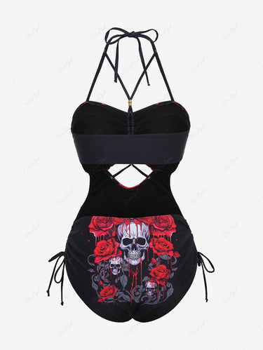 Gothic Plus Size Bloody Rose Flower Skulls Printed Ruched Cinched Hollow Out Halter Backless Strappy Swimsuit
