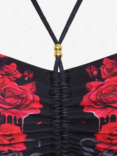 Gothic Plus Size Bloody Rose Flower Skulls Printed Ruched Cinched Hollow Out Halter Backless Strappy Swimsuit