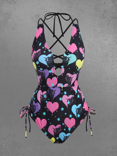 Gothic Plus Size Bloody Skeleton Heart Stars Printed Cinched Crisscross Strappy Backless Hollow Out Halter Swimsuit
