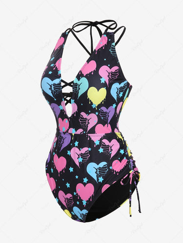 Gothic Plus Size Bloody Skeleton Heart Stars Printed Cinched Crisscross Strappy Backless Hollow Out Halter Swimsuit