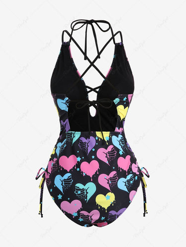 Gothic Plus Size Bloody Skeleton Heart Stars Printed Cinched Crisscross Strappy Backless Hollow Out Halter Swimsuit