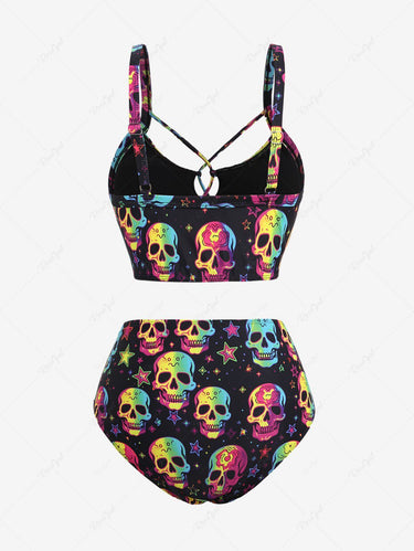 Gothic Plus Size Ombre Colorful Skulls Stars Print Crisscross Strappy Bikini Set(Adjustable Shoulder Strap)