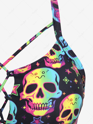 Gothic Plus Size Ombre Colorful Skulls Stars Print Crisscross Strappy Bikini Set(Adjustable Shoulder Strap)