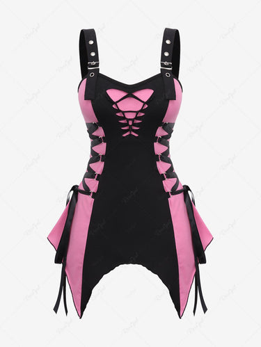 Gothic Plus Size Lace Up Ripped Braided Buckle Grommet Asymmetric Patchwork Backless Tank Top