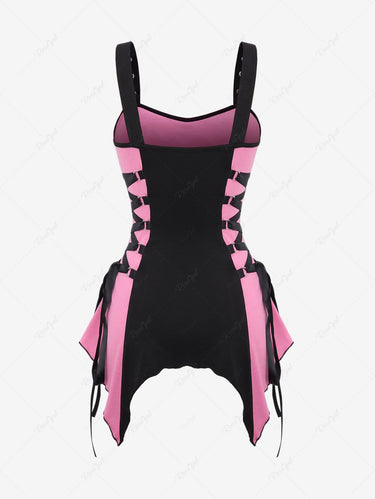 Gothic Plus Size Lace Up Ripped Braided Buckle Grommet Asymmetric Patchwork Backless Tank Top