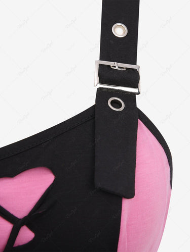 Gothic Plus Size Lace Up Ripped Braided Buckle Grommet Asymmetric Patchwork Backless Tank Top