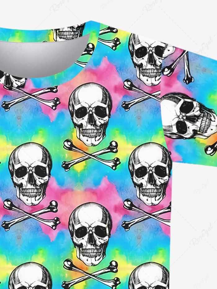 Gothic Skulls Bone Tie Dye Colorblock Print Short Sleeves T-shirt For Men