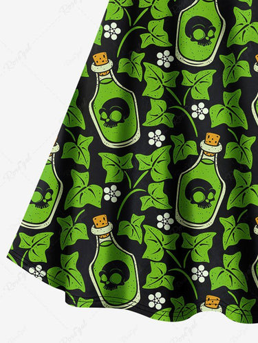 Gothic Plus Size Skulls Bottle Leaf Flower Print Crisscross A Line Cami Dress