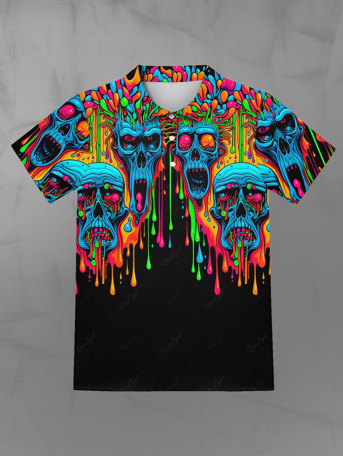 Gothic Turn-down Collar Colorful Paint Drop Skulls Print Buttons Polo Shirt For Men