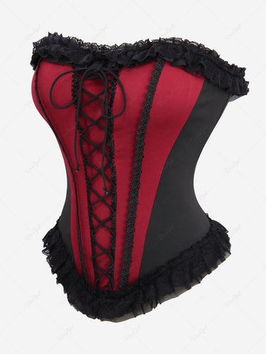 Gothic Plus Size Lace Up Lace-trim Patchwork Ruffles Asymmetric Halloween Corset