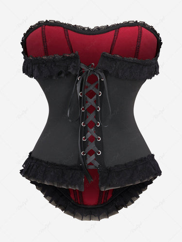 Gothic Plus Size Lace Up Lace-trim Patchwork Ruffles Asymmetric Halloween Corset
