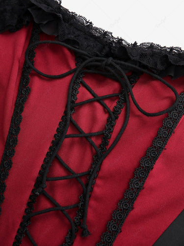 Gothic Plus Size Lace Up Lace-trim Patchwork Ruffles Asymmetric Halloween Corset