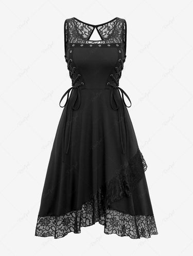 Gothic Plus Size Floral Lace Panel Patchwork Lace-up Grommet Cut Out Back Ruffles A Line Dress