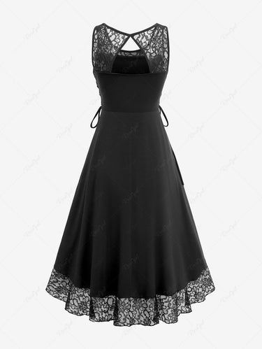 Gothic Plus Size Floral Lace Panel Patchwork Lace-up Grommet Cut Out Back Ruffles A Line Dress