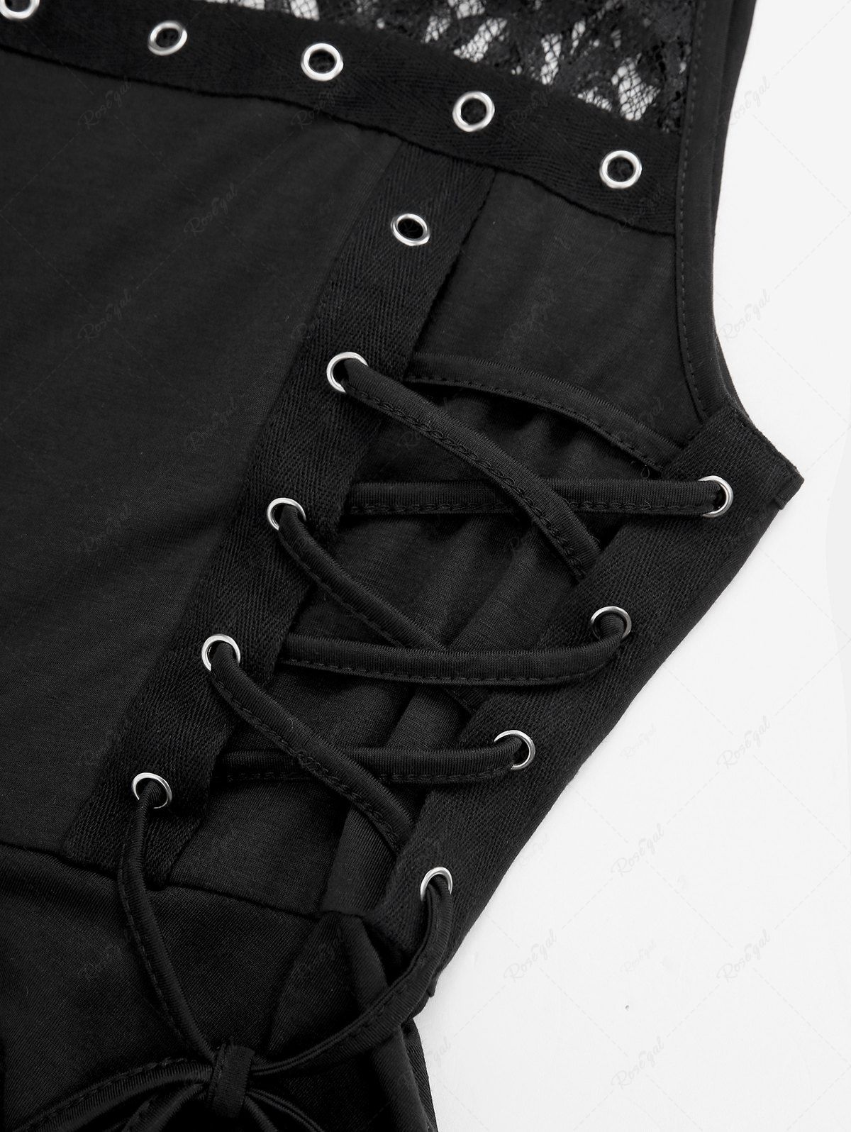 Gothic Floral Lace Panel Patchwork Lace-up Grommet Cut Out Back Ruffles A Line Dress