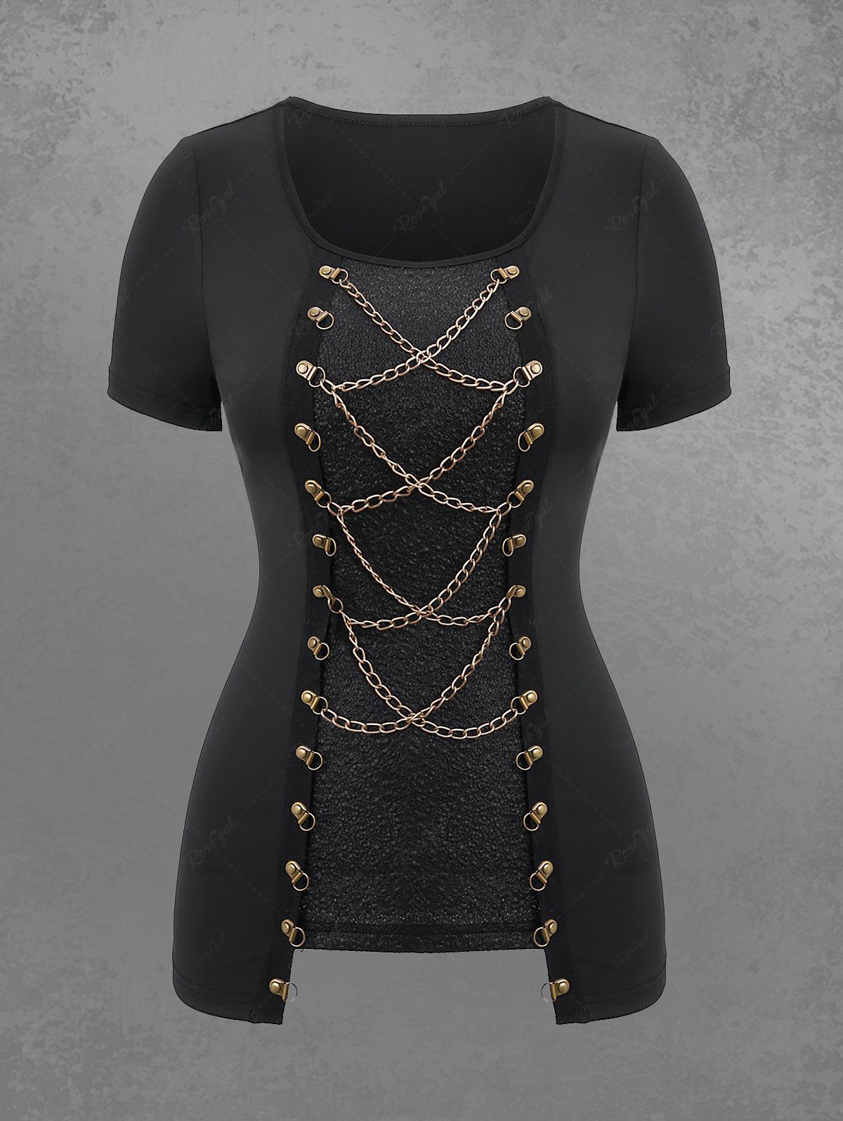 Gothic Chain Lace Up Hook and Eye Cracked Textured Patchwork Asymmetric T-shirt